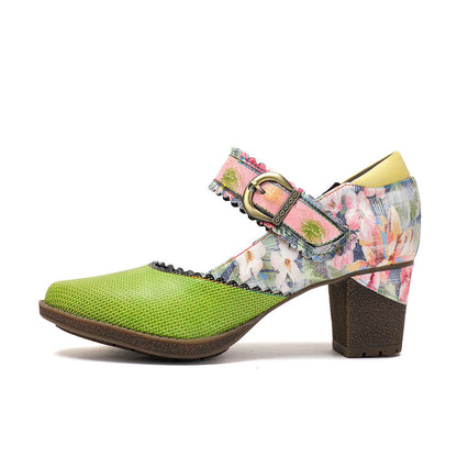 Women's Spring Heels Dress Shoes Party Round Toe Elegant Cowhide Loafer Green Pumps