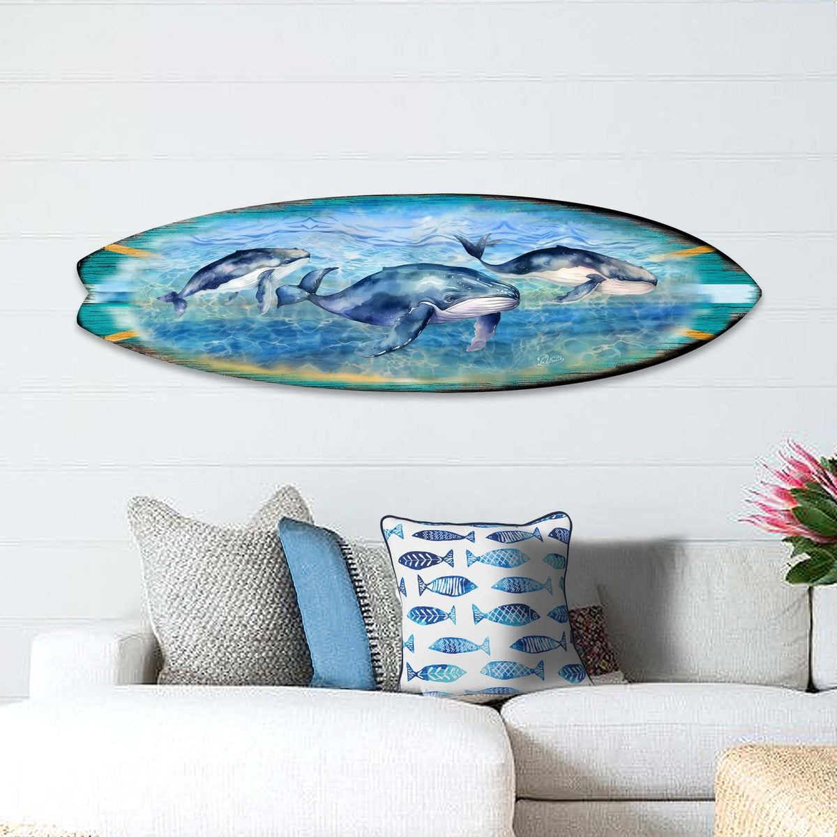 Whale's Harmony Coastal Surfboard Wall Decor