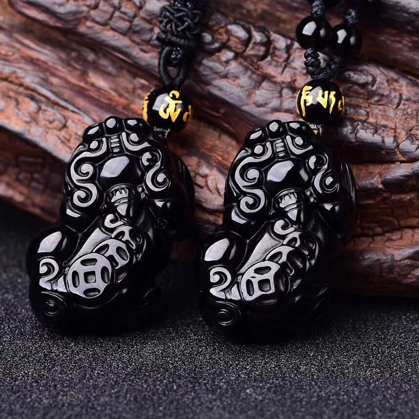 Unisex Black Obsidian Three-Money Pixiu Necklace