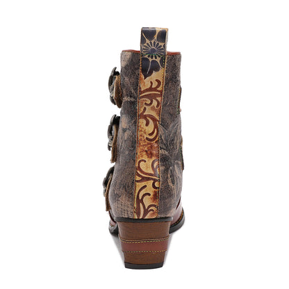 Retro Handmade Vintage Embossed Buckle Leather Boots