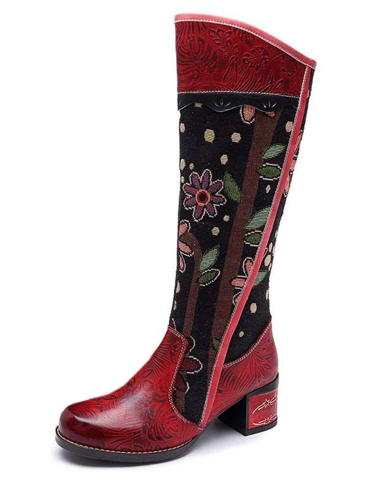 Bohemian Leather Block Heel Long Boots