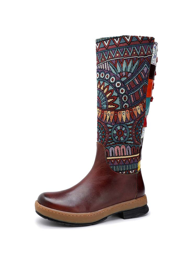 Bohemian Leather Splicing Pattern High Tube Boots