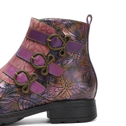 Retro Handmade Leather Painted Floral Flats Boots