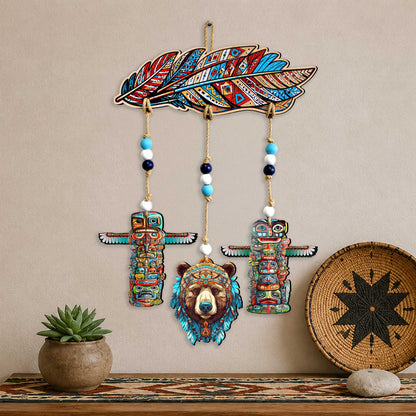 Woodland Bear & Totem Wooden Wall Hanger with Feathers