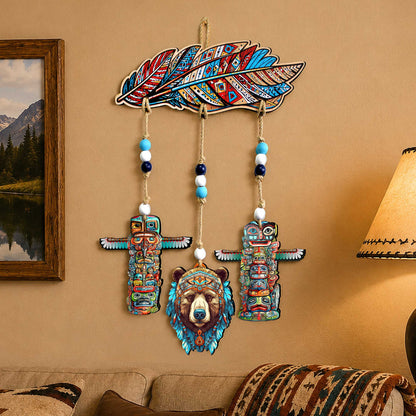 Woodland Bear & Totem Wooden Wall Hanger with Feathers
