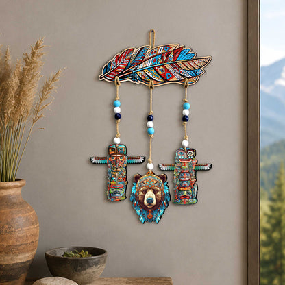 Woodland Bear & Totem Wooden Wall Hanger with Feathers