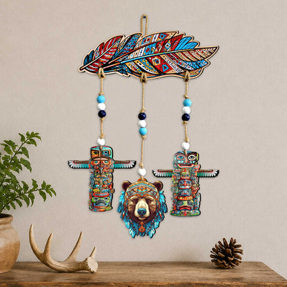 Woodland Bear & Totem Wooden Wall Hanger with Feathers