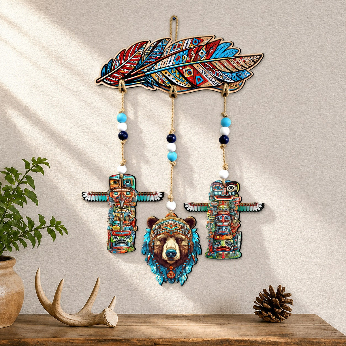 Woodland Bear & Totem Wooden Wall Hanger with Feathers