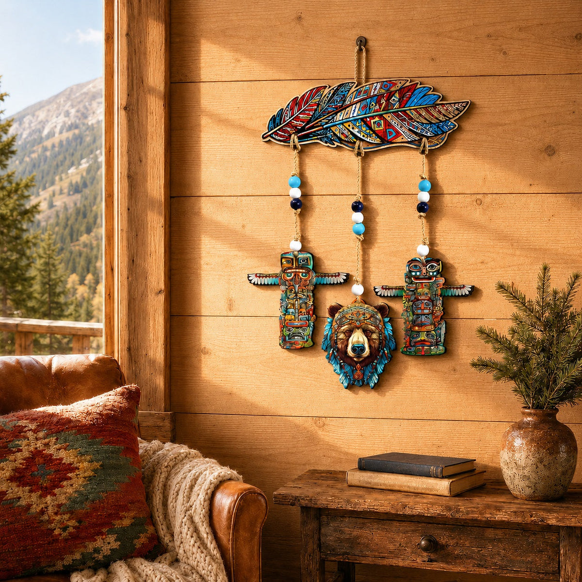 Woodland Bear & Totem Wooden Wall Hanger with Feathers