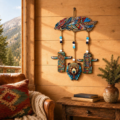 Woodland Bear & Totem Wooden Wall Hanger with Feathers