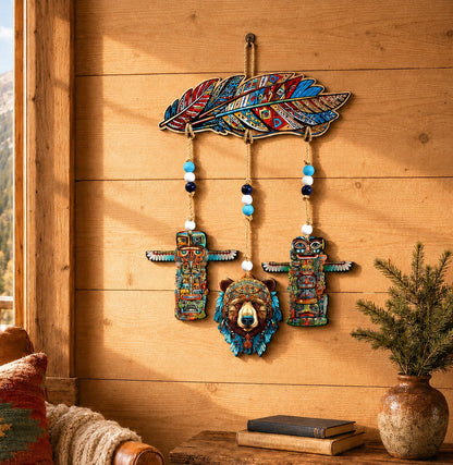 Woodland Bear & Totem Wooden Wall Hanger with Feathers