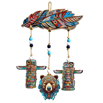 Woodland Bear & Totem Wooden Wall Hanger with Feathers