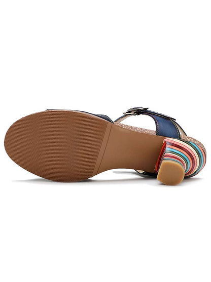 Retro Handmade Colored Stripe Heel Comfy Sandals