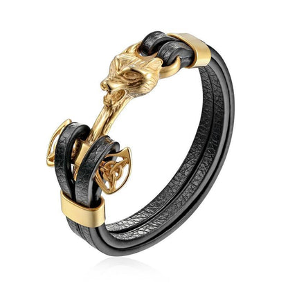 Men's Leather Lion & Wolf Charm Bracelet