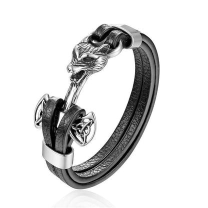 Men's Leather Lion & Wolf Charm Bracelet