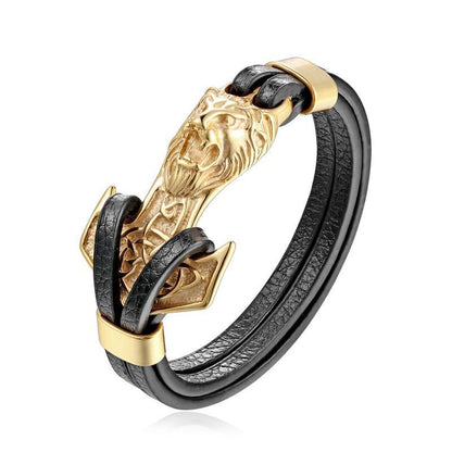 Men's Leather Lion & Wolf Charm Bracelet