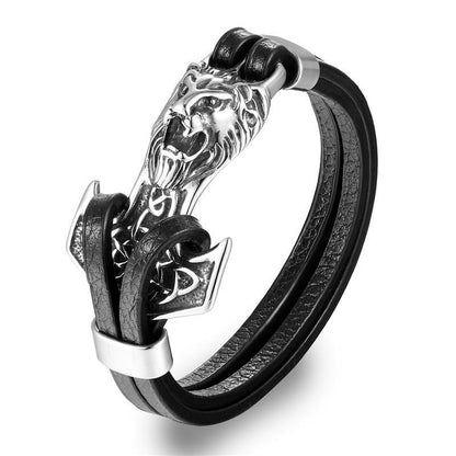 Men's Leather Lion & Wolf Charm Bracelet