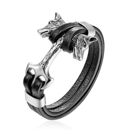 Men's Leather Lion & Wolf Charm Bracelet