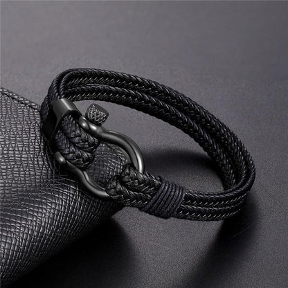 Men's Stainless Steel & Leather Charm Bracelet