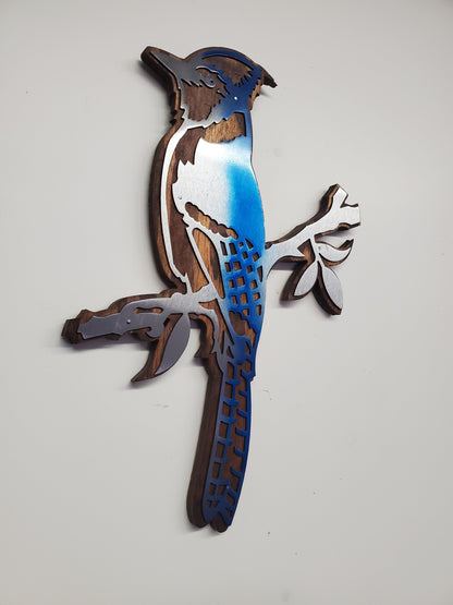 Rustic Wood and Metal Blue Jay Bird Wall Decor