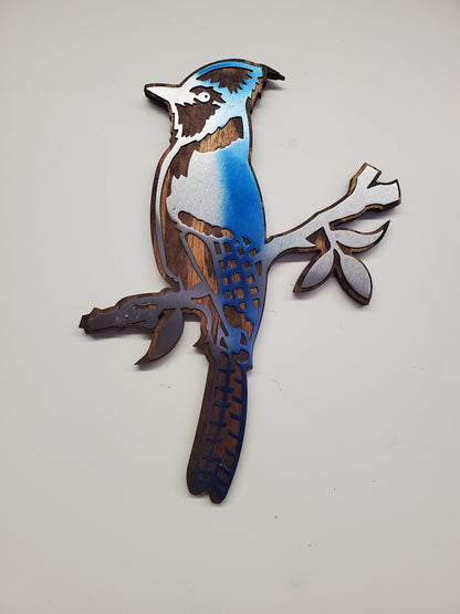 Rustic Wood and Metal Blue Jay Bird Wall Decor