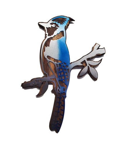 Rustic Wood and Metal Blue Jay Bird Wall Decor