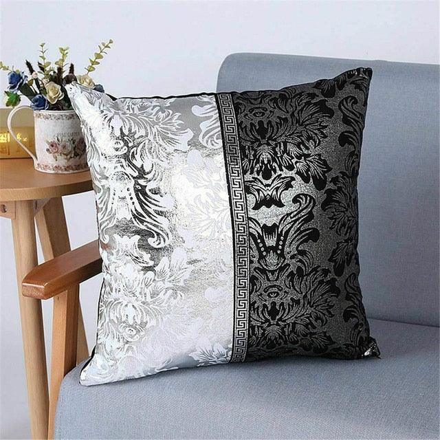Black & Silver Contrast Floral Cushion Case
